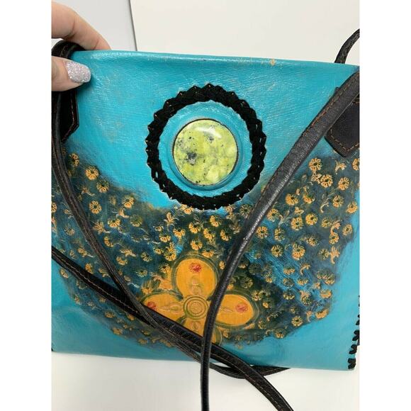 Hand Made  Aqua Floral Leather Messenger Handbag - Picture 3 of 6